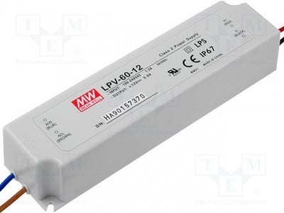 Импулсно захранване LPV-60-12 Захр.у-во: импулсно; за диоди LED; 60W; 12VDC; 5A; 90?264VAC; IP67